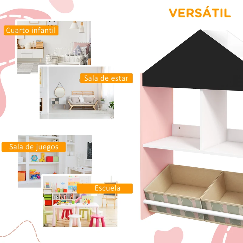 ZONEKIZ Organizador Infantil Estantería para Juguetes con Estantes Abiertos y 2 Cajas Extraíbles 62,4x26,5x90 cm Rosa
