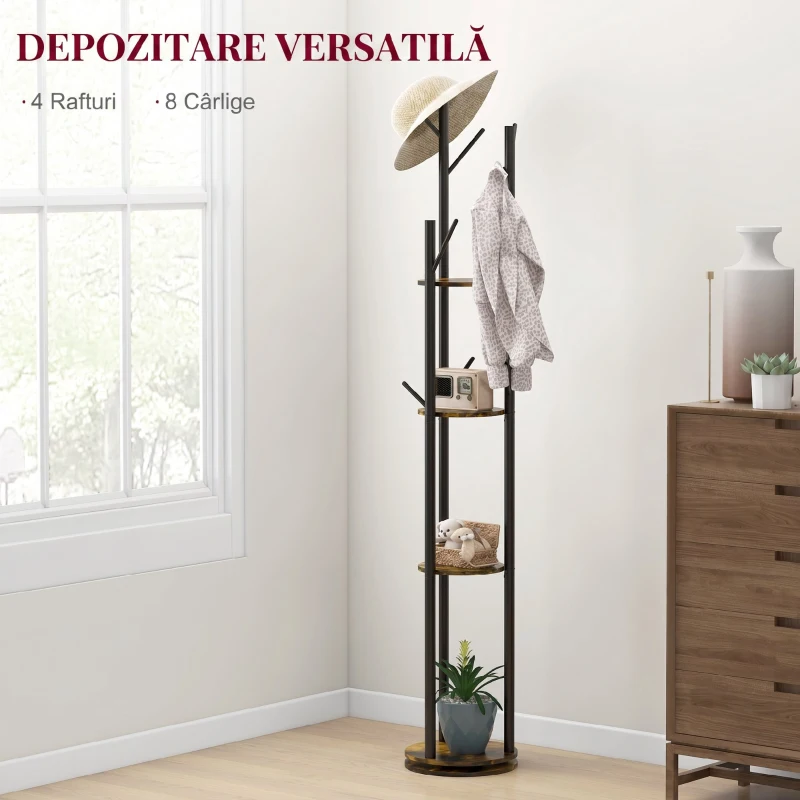 HOMCOM Cuier rotativ de podea cu 8 cârlige și 4 rafturi, stil industrial, Ø30x175cm, maro