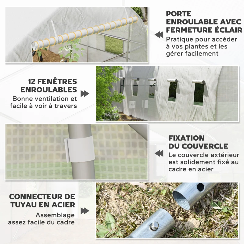Outsunny Serre de jardin tunnel grande taille avec bâche PE cadre en acier porte enroulable et 12 fenêtres 8 x 3 x 2 m blanc