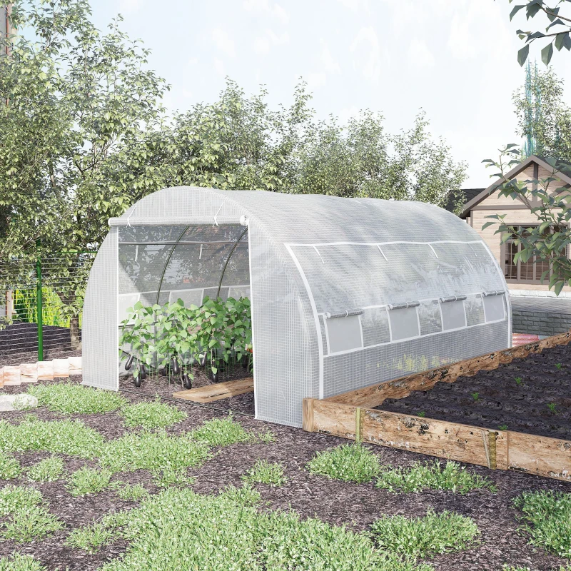 Outsunny Serre de jardin serre tunnel 12 m² avec porte, parois latérales enroulables 8 fenêtres acier PE  4 x 3 x 2 m blanc
