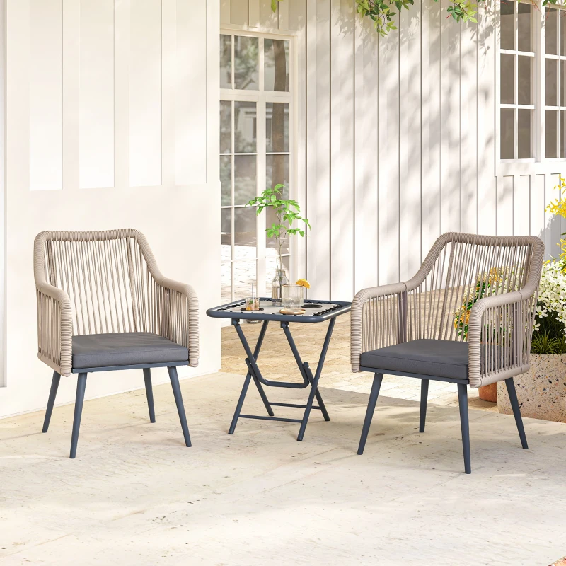 Outsunny Set 2 Scaune de Grădină din Ratan PE cu Perne Moi Lavabile și Brațe, Scaune pentru Dining Exterior din Oțel, pentru Terasă, Balcon, Grădină, Exterior, 54x65x80cm, Gri Închis