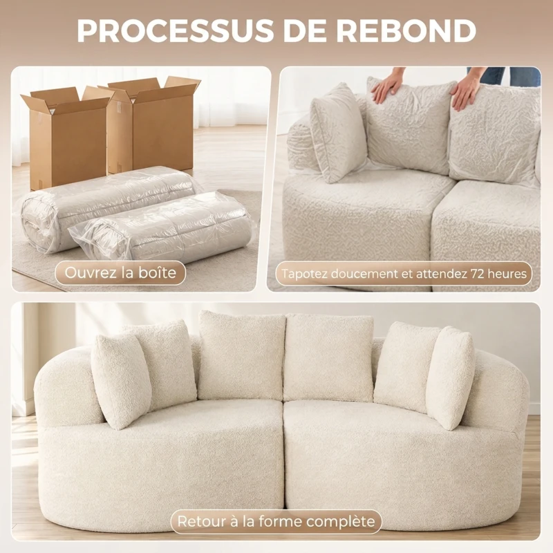 HOMCOM Canapé 3 Places Incurvé en Chenille 188 cm, Canapé Salon avec Assise Profonde, 6 Coussins, Rembourrage Épais, Crème