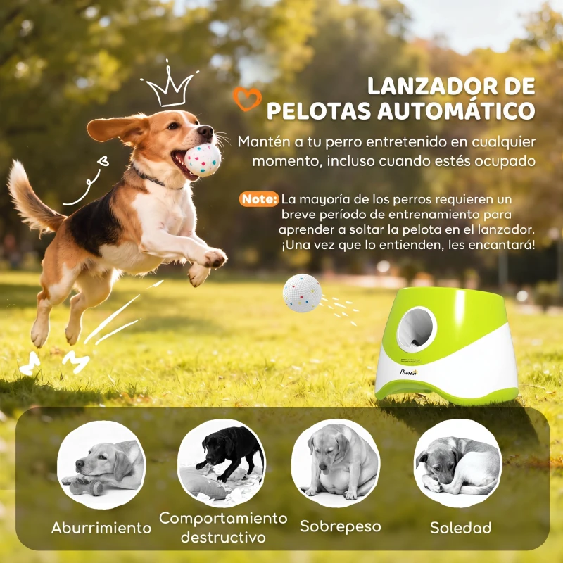PawHut Lanzador de Pelotas para Perros Automático con 3 Pelotas ETPU Distancias Ajustables 6/10/14m Juguete Interactivo Verde