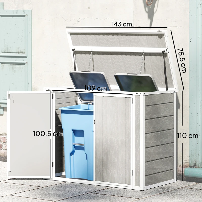 Outsunny 4.7 x 2.5FT Garden Shed, Double Bin Storage Shed with Lockable Doors, Outdoor Small Shed with Openable Lid for 2 Trash Cans, Garden Tools, Light Grey