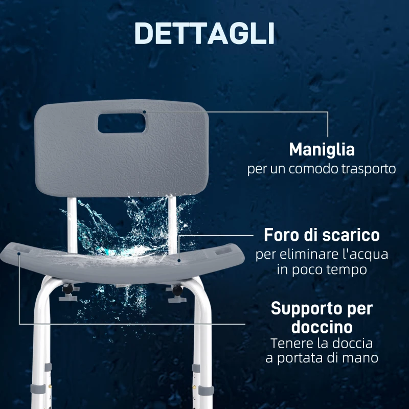 HOMCOM Sedia da Doccia per Bagno in Alluminio e Plastica Altezza Regolabile 8 Livelli 71-88cm Piedini Antiscivolo