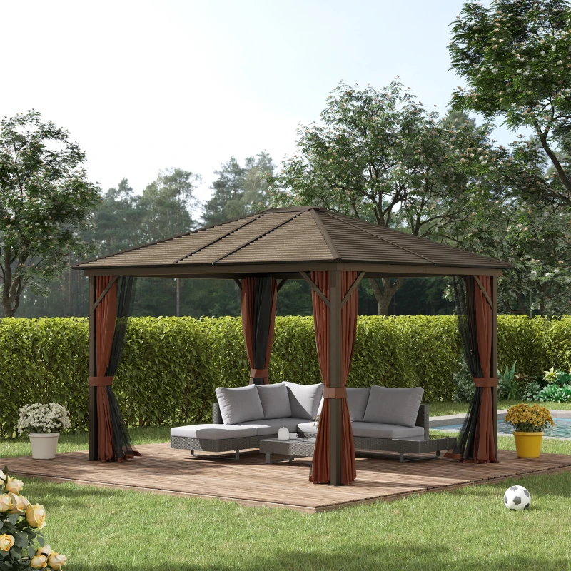 Outsunny Cenador de Jardín 300x365 cm Marco de Aluminio con Cortinas de Doble Capa y Techo Metálico para Reunión Familar Fiestas Bodas Negro y Marrón