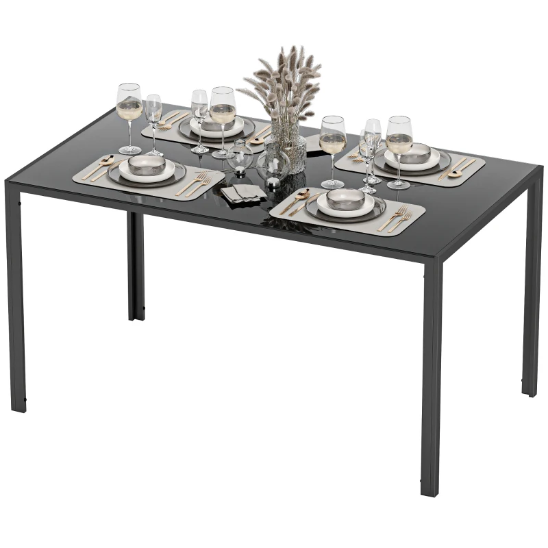 HOMCOM Mesa de Comedor de Cristal Rectangular para 6 Personas con Patas de Metal para Cocina Salón 140x80x75 cm Negro
