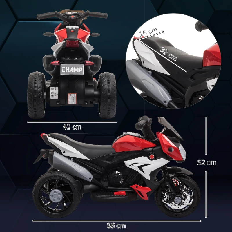 HOMCOM Moto Elettrica per Bambini 3-5 Anni, Batteria 6V con Pedale, Fari, Musica e Clacson, 3 km/h, Max 25kg, Rosso