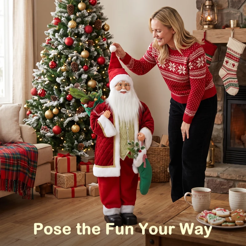 HOMCOM 4ft Life Size Singing Dancing Santa Claus, 120 cm Standing Musical Animated Santa with Stocking, Sack, Posable Arms, Handcrafted, Sound Touch Activated, Moving Christmas Figure Decor