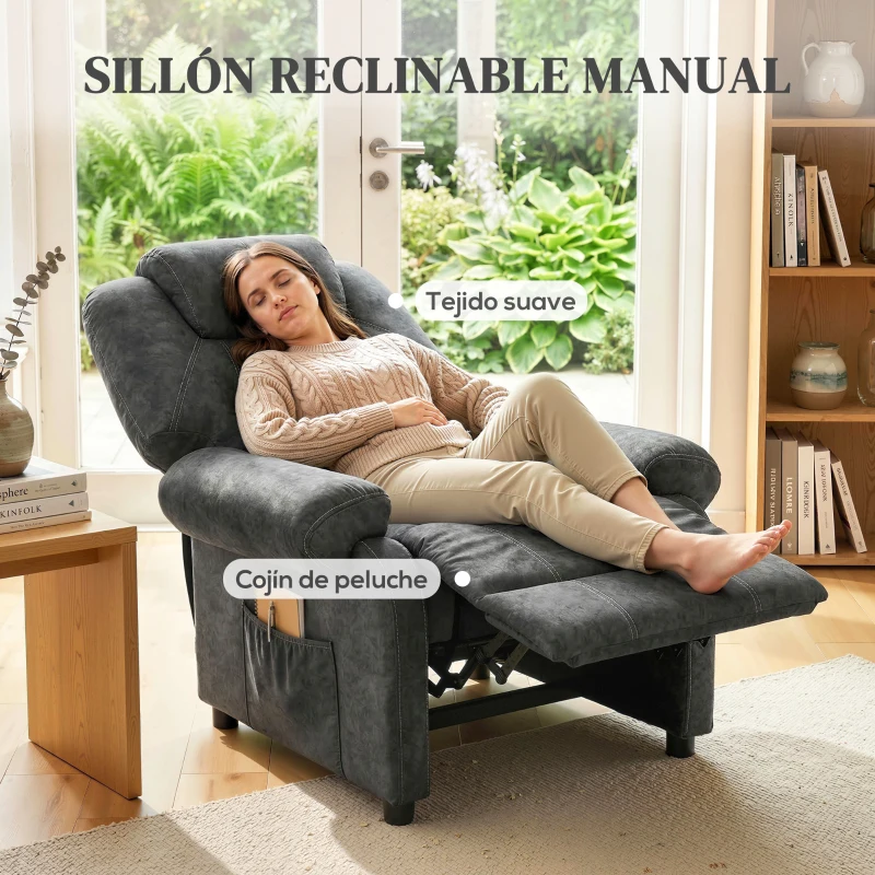 HOMCOM Sillón Relax Reclinable Manual Sillón Relax de Terciopelo con Reposabrazos Reposapiés Acolchado Grueso Negro