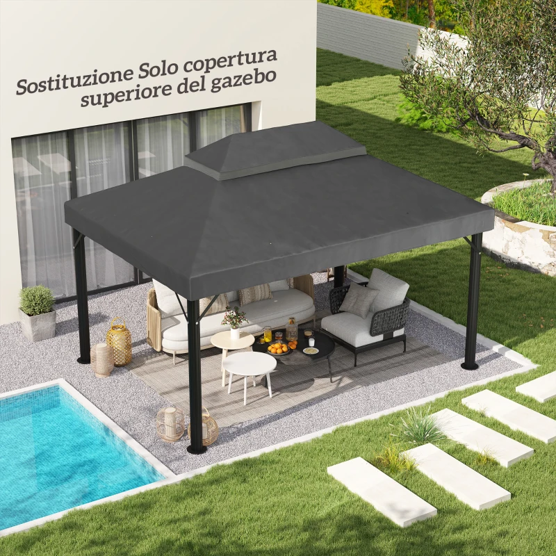 Outsunny Copertura per Gazebo da Giardino 3x4 m a 2 Livelli in Tessuto Oxford 600D con Fori di Drenaggio, Grigio Scuro