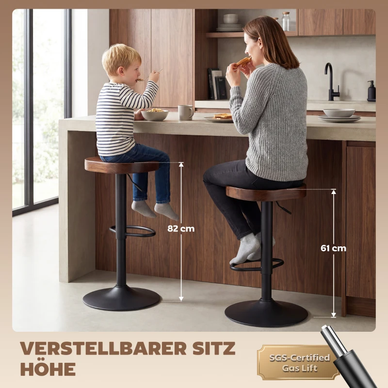 HOMCOM Barhocker Set aus 2, Höhenverstellbare Barstühle mit Sattelsitz aus Ulmenholz in Dunkelbraun