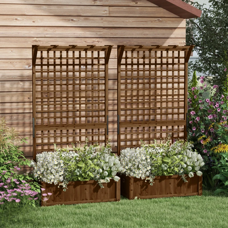 Outsunny 2 Pcs Raised Bed with Drainage Holes, Wood Planter with Trellis for Climbing Plants to Grow Vegetables, Flowers, Brown
