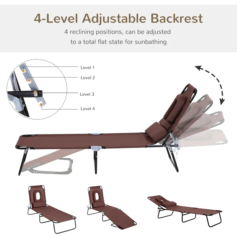 Outsunny Folding Sun Lounger with Face Hole, 4-Position Adjustable Backrest Garden Recliner Chair Sunbed, Outdoor Lounge Chair with 600 D Oxford Cloth Seat, Pillow for Beach, Brown