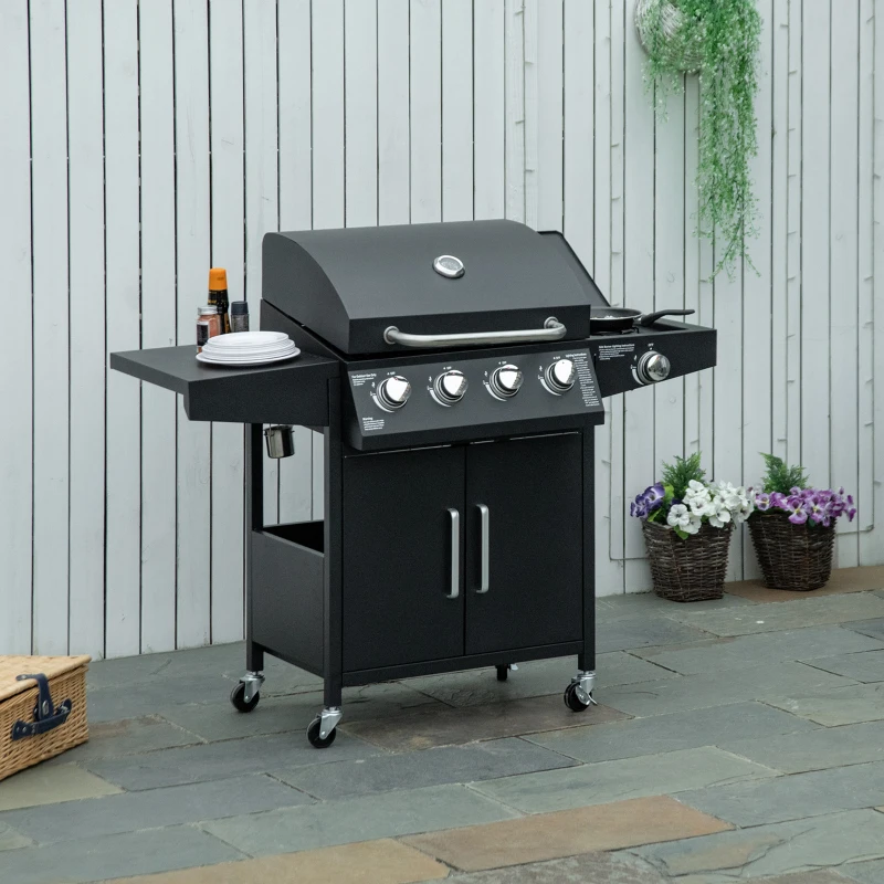 Outsunny Gasgrill BBQ mit 3 Brennern je 3 kw mobiler Grillwagen mit 4 Rädern Grillnetz Seitentischen Druckminderer Schläuche Schrank Multifunktion Metall Schwarz 132,4cm x 55cm x 109cm