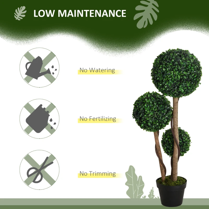 HOMCOM Decorative Artificial Plants Set of 2, Boxwood Ball Topiary Trees in Pot Fake Plants for Home Indoor Outdoor Decor, 90 cm, Dark Green