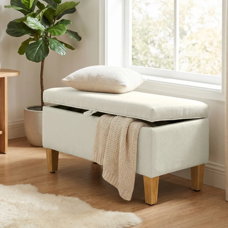 HOMCOM Banc de rangement, bout de lit, repose-pieds rembourré en lin avec pieds en bois de caoutchouc, 71x37x36cm, beige