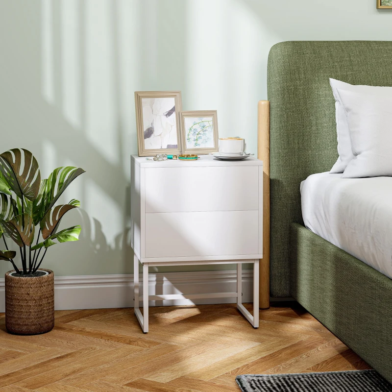 HOMCOM Comodino Moderno a 2 Cassetti con Apertura a Pressione, MDF e Acciaio, 40x30x50 cm, Bianco