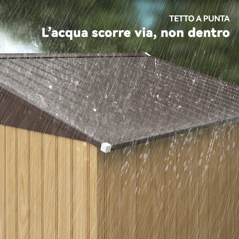 Outsunny Casetta da Giardino 4.9m² in Acciaio con Doppia Porta Scorrevole e Tetto Inclinato, Marrone Chiaro