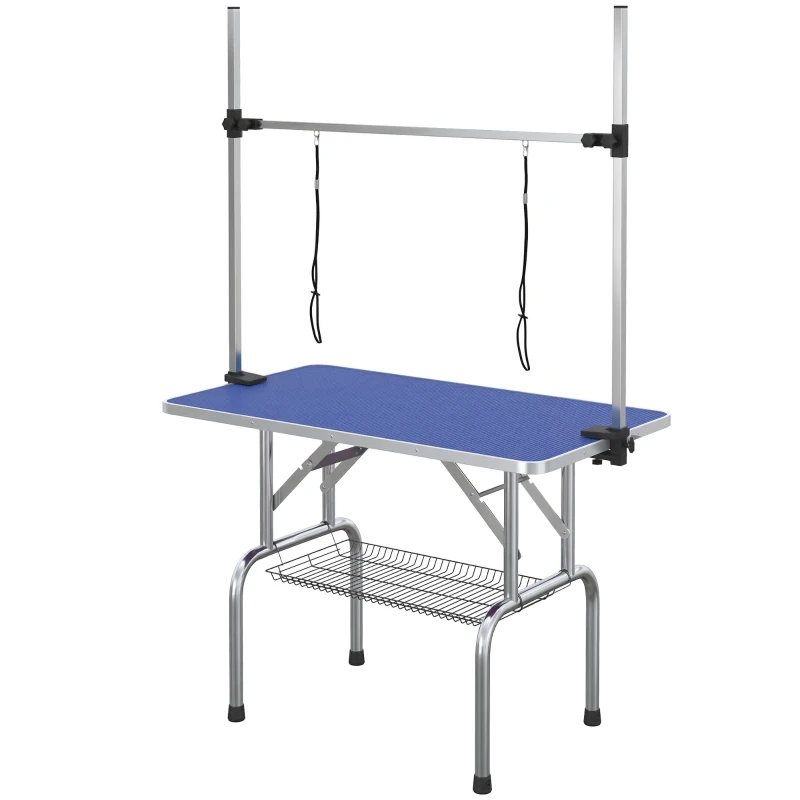 PawHut 42" Dog Grooming Table, Adjustable Pet Cat Drying Beauty Table with 2 Loops Storage Basket, Rubber Top, Blue