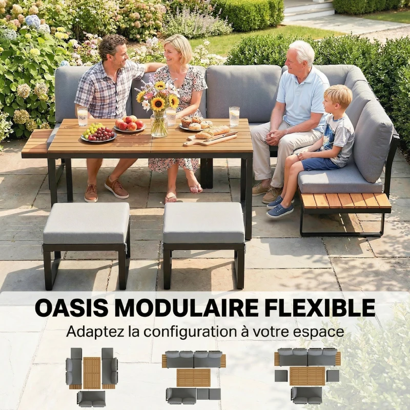 Outsunny Salon de Jardin Extérieur Ensemble Meubles de Jardin 6-8 Personnes Aluminium avec Plateaux Latéraux 256x198x70cm Gris