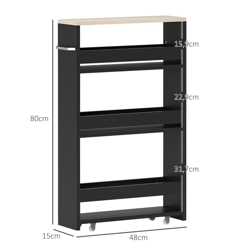 kleankin Carrito Auxiliar con Ruedas de 3 Niveles Carrito de Cocina Estrecho con 3 Estantes Tablero y Asa 48x15x80 cm Negro