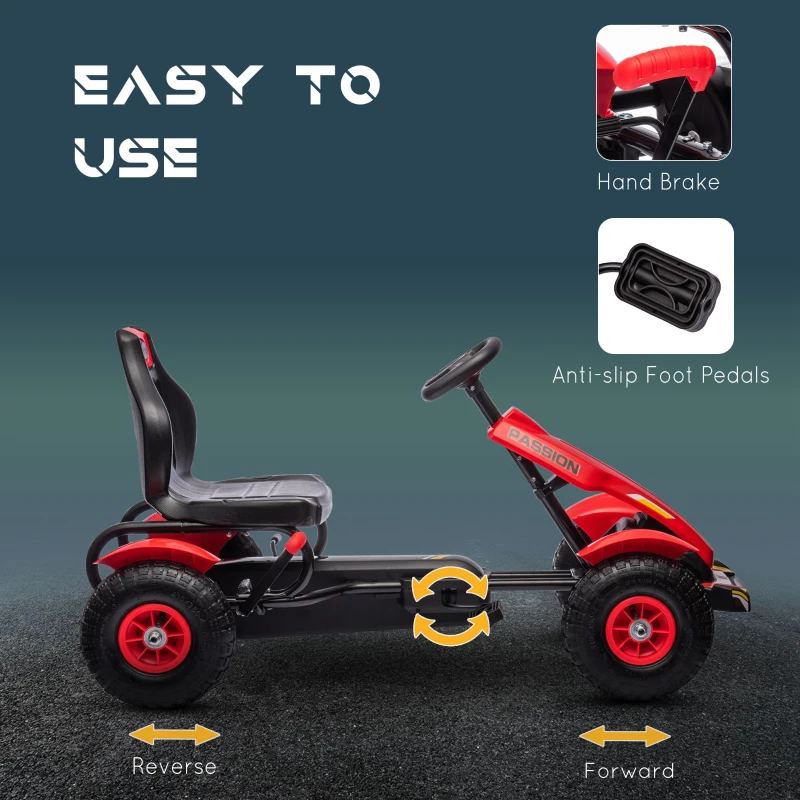 HOMCOM Pedal Go Kart, Kids Ride On Racer with Adjustable Seat, Inflatable Rubber Tyres, Handbrake for Ages 5-12 Years - Red