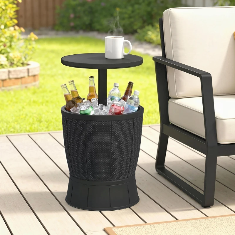 Outsunny Table à glacière 3 en 1, table de cocktail avec seau à glace, plateau télescopique pour jardin, Ø 49 x 58-84 cm, noir
