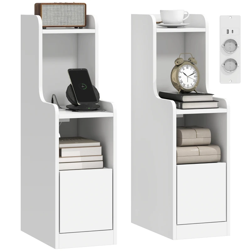 HOMCOM 2er-Set Nachttische mit Ladestation, moderne Nachttische mit Schublade, offene Fächer, Weiß