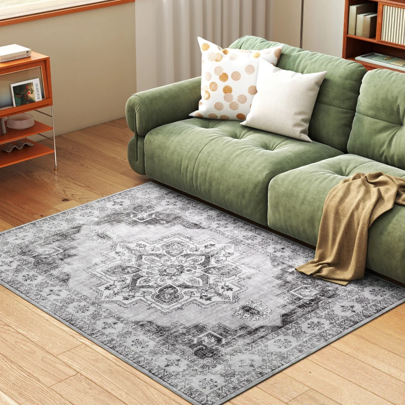 HOMCOM Vintage Area Rug, Non-Slip Washable Rug, Flannel Floor Carpet for Living Room, Bedroom, Dining Room, Home Office, 170 x 120 cm, Grey