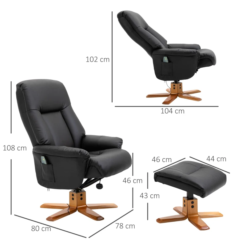 HOMCOM Electric Massage Recliner Chair with Ottoman, Faux Leather Swivel Recliner with Remote Control and 5 Modes for Living Room, Black