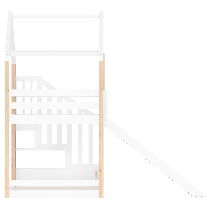 Modern Minimalist Kids Bunk Bed with Slide and Storage Stairs, Solid Wood House Bed for Siblings and Sleepovers, 194L x 90W x 206H cm, White