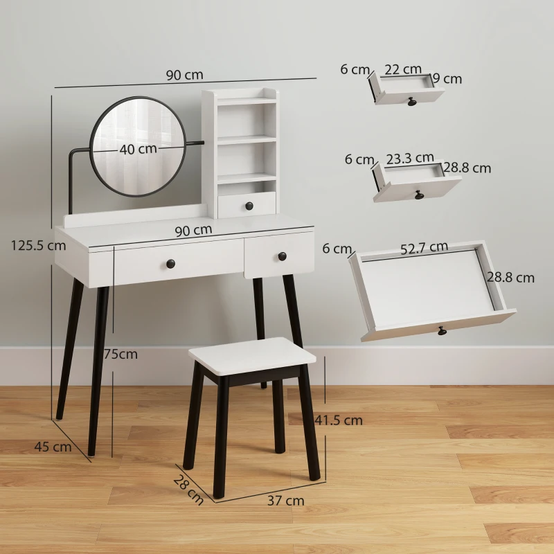 HOMCOM Dressing Table Set with Mirror and Stool, Vanity Makeup Table with 3 Drawers and Open Shelves for Bedroom, Living Room, White
