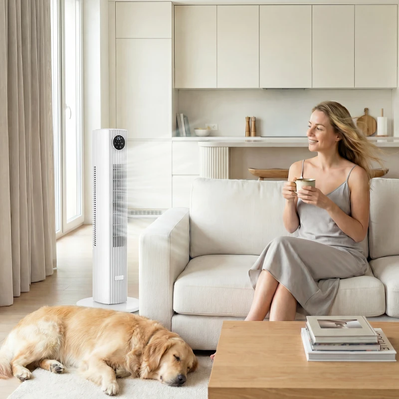 HOMCOM 28dB Tower Fan for Bedroom, 36 inch, 8 m/s Velocity Standing Cooling Fan with 80° Oscillating, BLDC Motor, 12 Speeds, LED Display, 4 Modes, 12H Timer, Remote Control, White