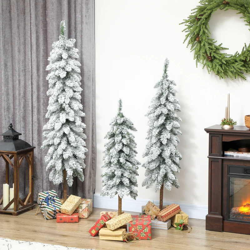 HOMCOM Set of 3 Pencil Flocked Christmas Tree, 3ft 4ft 5ft