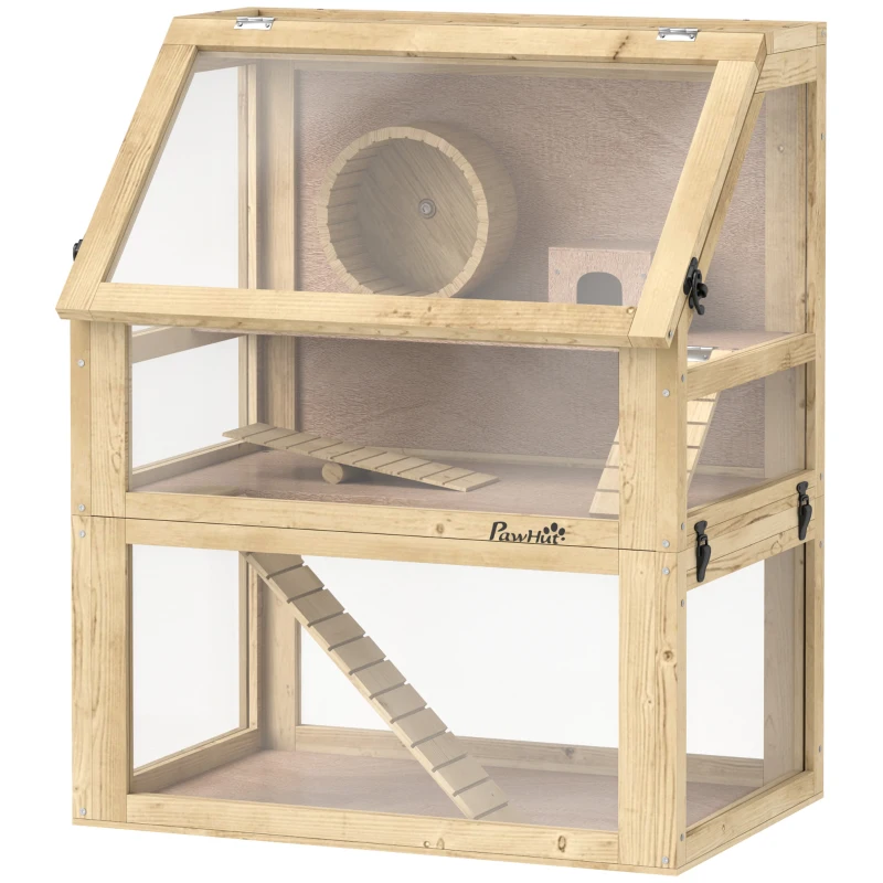 PawHut Gaiola para Hamster Roedor de 3 Níveis Fundo Removível Casinha Balanço 60x40x75 cm Acabamento Madeira Natural