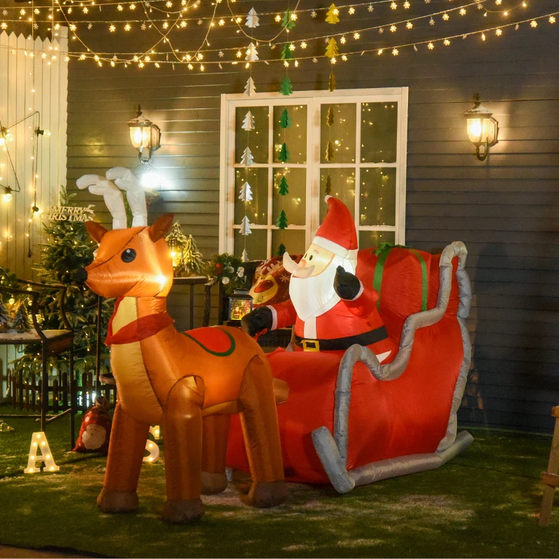 HOMCOM Babbo Natale Gonfiabile 148cm con 4 Luci a LED, Renne e Slitta, Decorazione Natalizia Impermeabile IP44