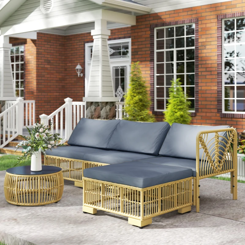 Outsunny Set Salotto in Rattan da Giardino con Divano Modulabile, Cuscini e Tavolino da Caffè, Grigio
