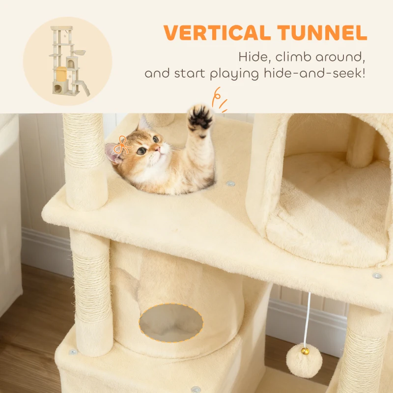 PawHut 170 cm Large Cat Tree, Cat Tower with 7 Scratching Posts, Tunnel, 2 Condos, Hammock, Perch, Ramp, Pompoms, Beige