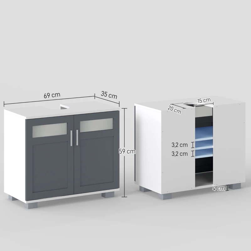 kleankin Mueble para Debajo del Lavabo Armario de Baño Bajo Lavabo con 2 Puertas de Vidrio Templado 69x35x59 cm Blanco y Gris