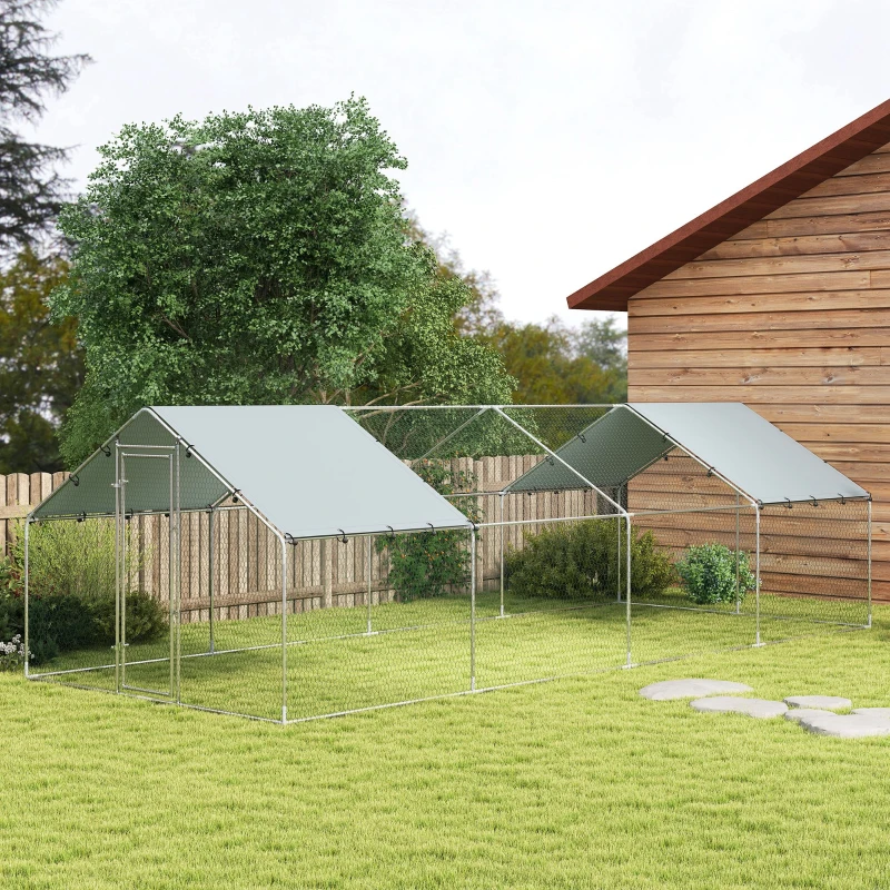 PawHut Gallinero para Exterior Grande de Acero Galvanizado 6,8x3x1,9 m 20,4 m² con Cubierta Tela Oxford y Cerradura Plata