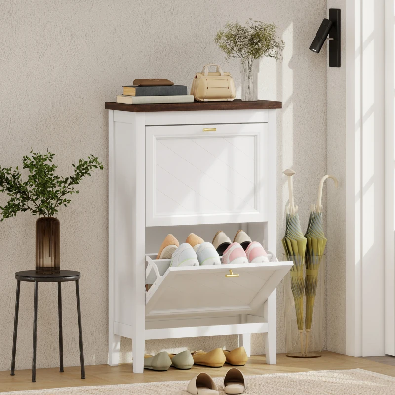HOMCOM Shoe Cabinet with 2 Flip Drawers, Farmhouse Narrow Shoe Storage Cabinet with Adjustable Shelves, White
