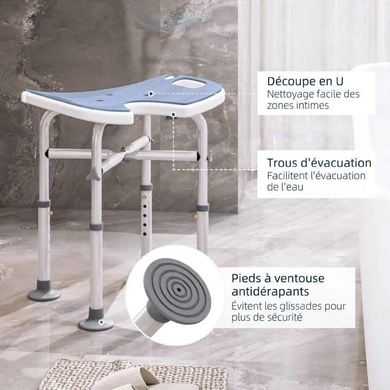 HOMCOM Tabouret de Douche, Hauteur Ajustable 39-51,5 cm, Barre d'Appui à Ventouse, Patins à Ventouse, Bleu Clair