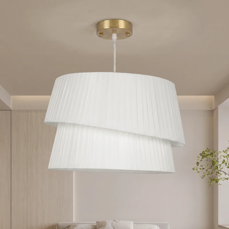 HOMCOM Suspension Luminaire Élégante à Double Abat-Jour, Rosace Dorée, Câble Réglable, Ampoule Non Incluse E14 40 W, Blanc