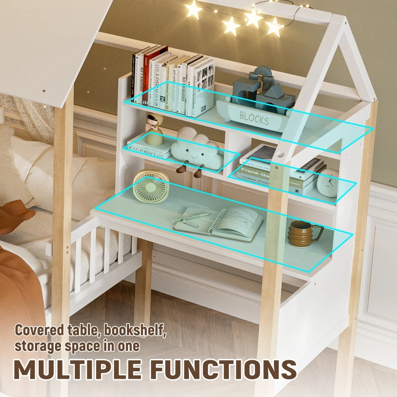 Modern House-Shaped Kids Bed Frame with L-Shaped Desk, Solid Wood Loft Bed with Roomy Rolling Drawers, 195L x 90W x 164.5H cm, White