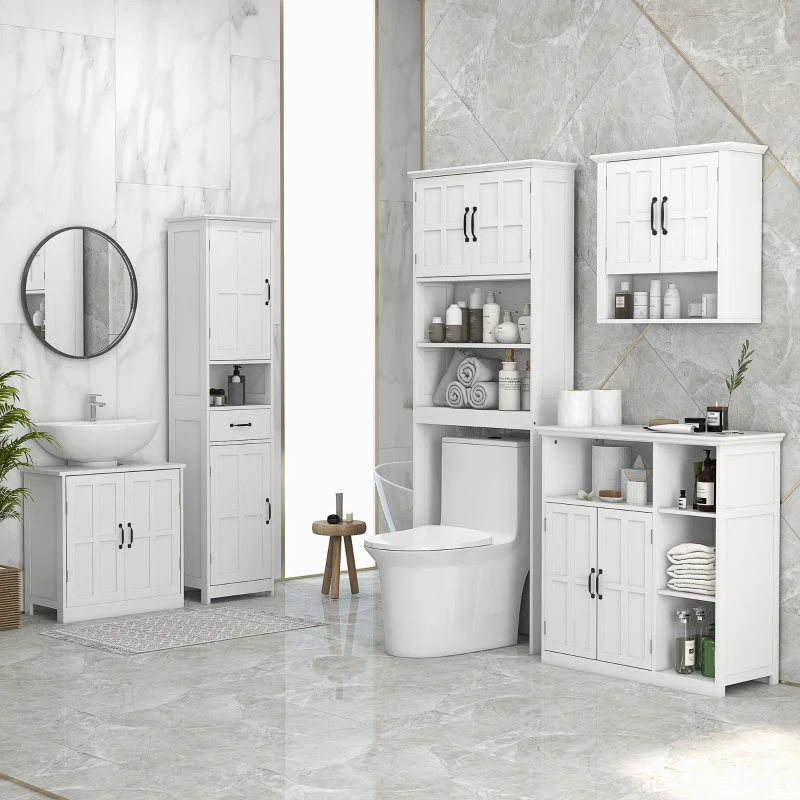 kleankin Mobile Colonna Bagno in Legno con Mensola Aperta, Cassetto e 2 Armadietti, 40x30x164 cm, Bianco