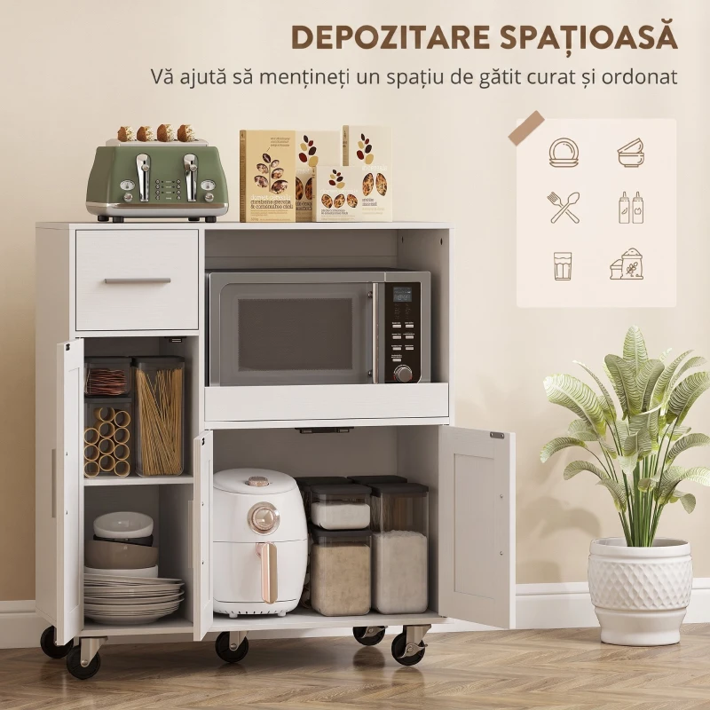 HOMCOM Dulap pentru Cuptorul cu Microunde din Lemn cu Sertar, 2 Dulapuri, Raft Deschis și Raft Reglabil, 80x40x88.7 cm, Alb