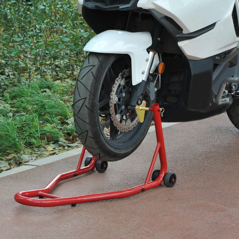 HOMCOM Caballete Elevador Universal tipo Soporte Delantero de Moto Portátil y Móvil de Acero con Ruedas para Reparar y Aparcar Color Rojo 80x50x40 cm