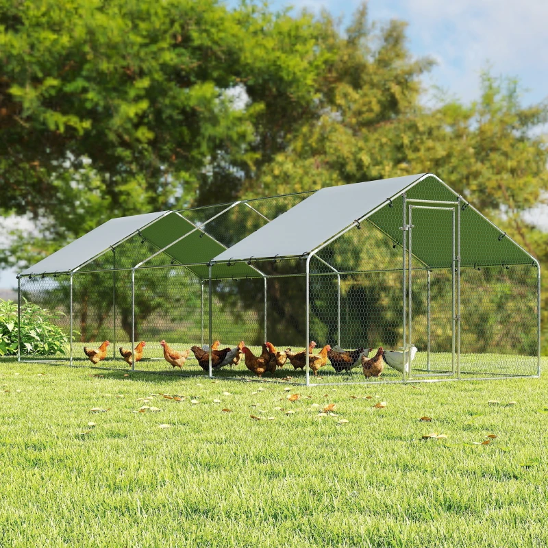 PawHut Gallinero para Exterior Grande de Acero Galvanizado 6,8x3x1,9 m 20,4 m² con Cubierta Tela Oxford y Cerradura Plata