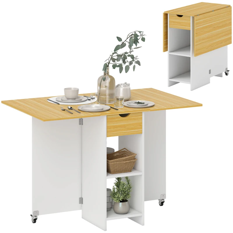 HOMCOM Masă de dining pliabilă pentru 2-4 persoane cu 2 extensii, sertar și rafturi, stejar